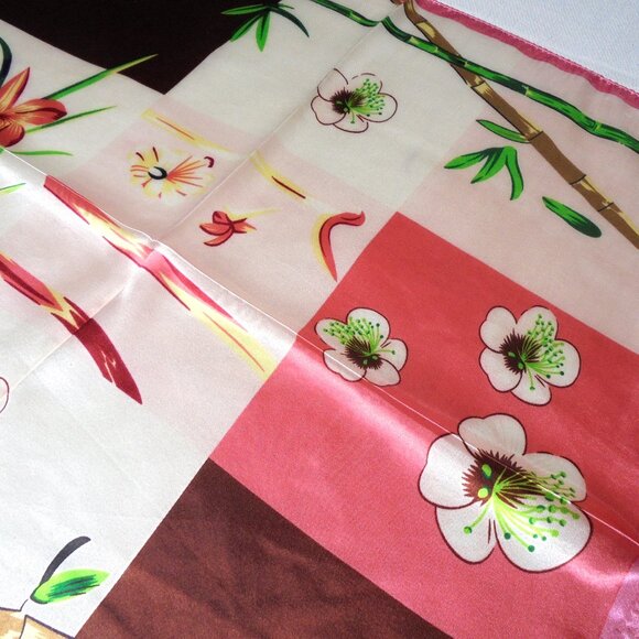 Vintage Scarf 19" Square Satin pink floral neckerchief retro summer - Picture 3 of 4